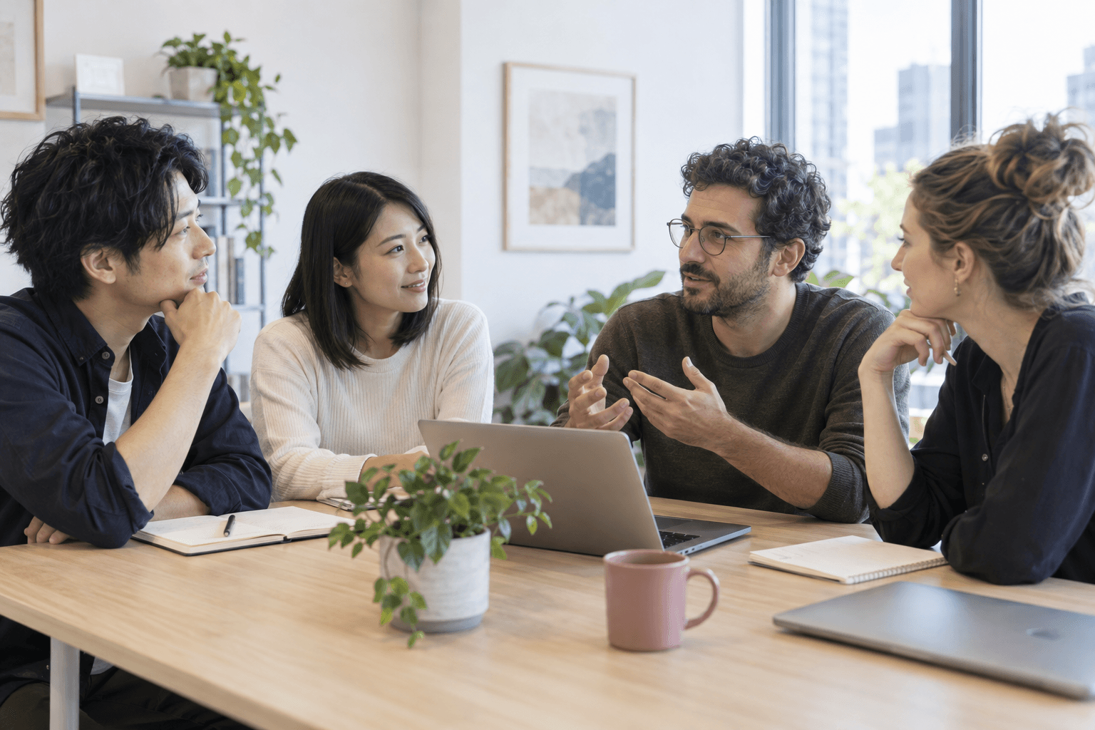 Illustration of an international team sharing ideas about a product