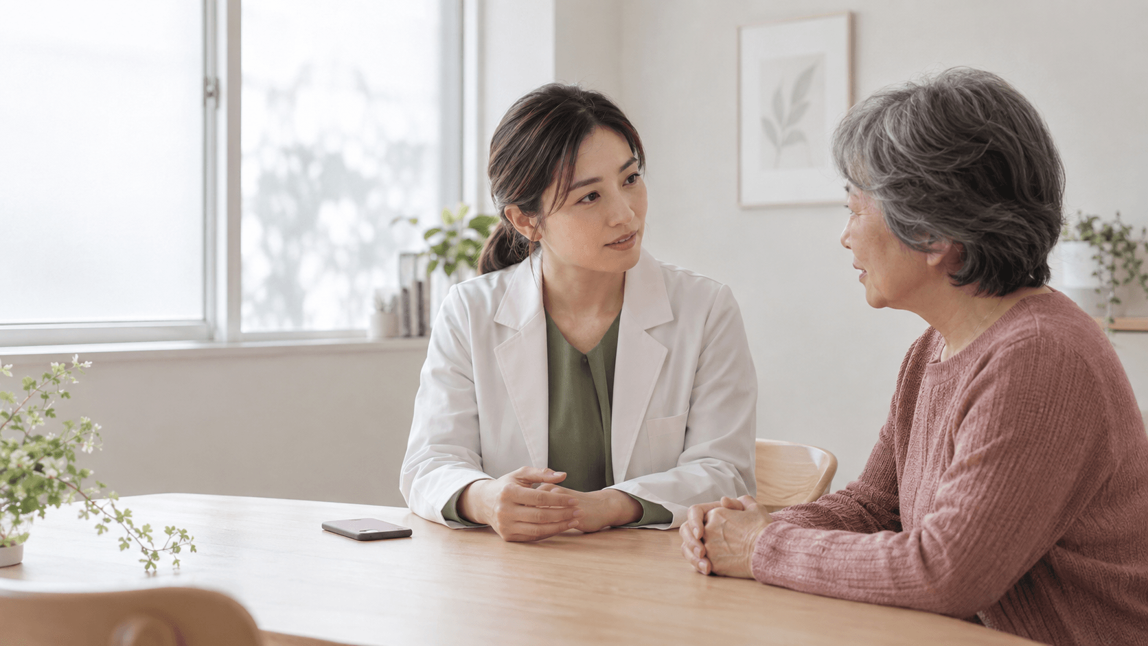 A doctor and patient in a calm, face-to-face conversation