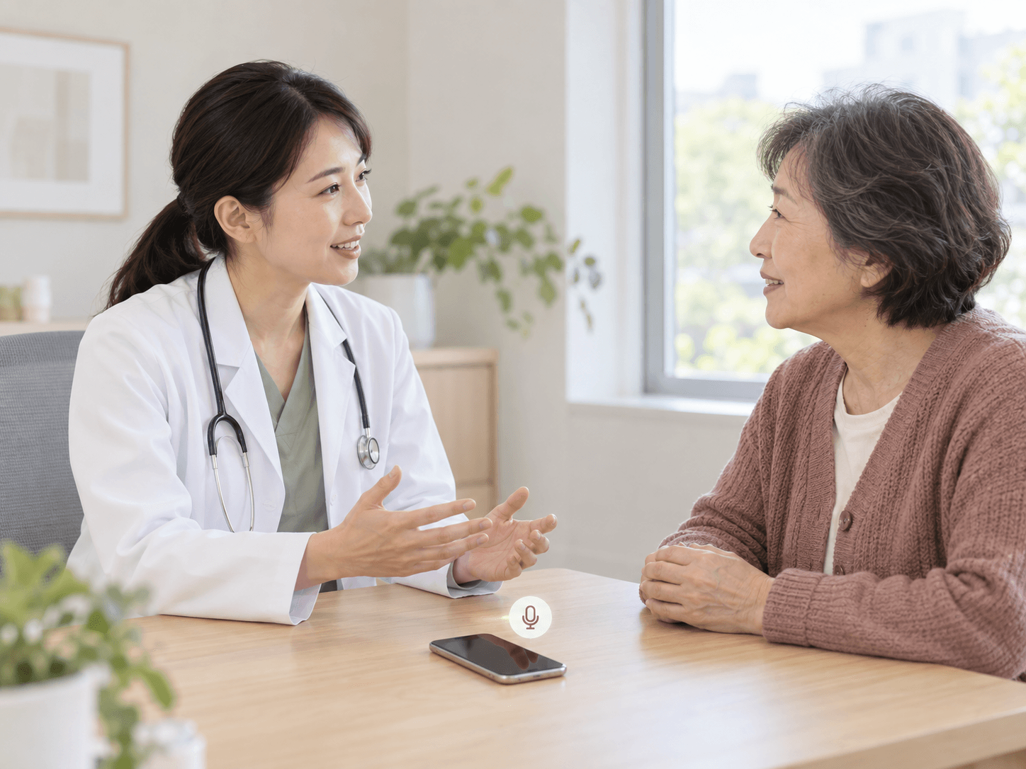 An iPhone rests beside a doctor and patient, with a small microphone symbol indicating audio capture